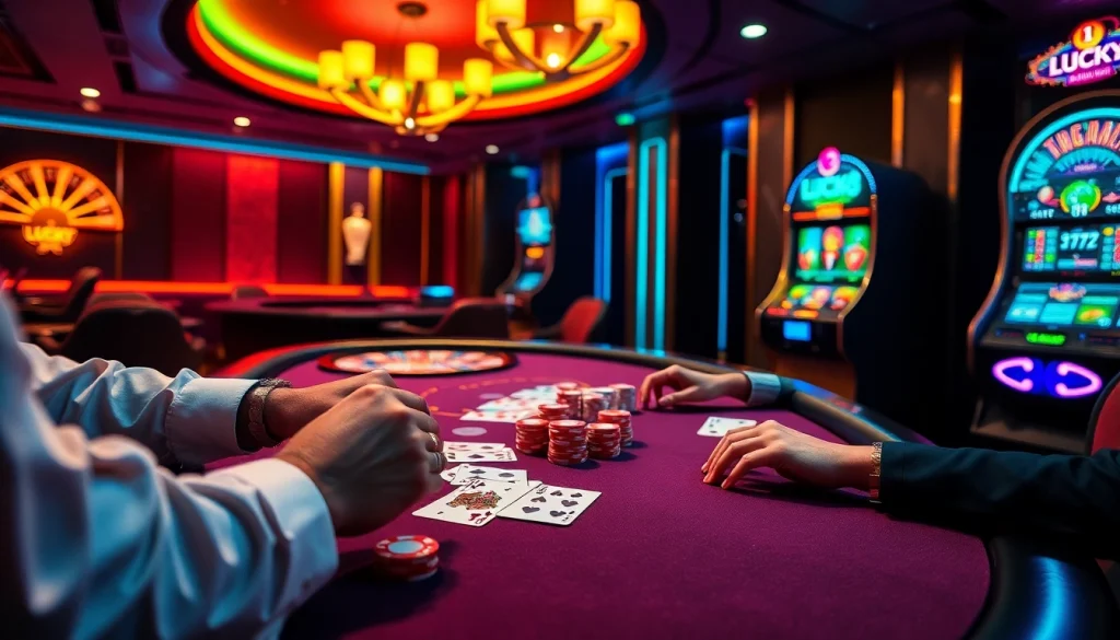 Cảnh chơi casino đầy hứng khởi làm nổi bật LUCK8 và LUCKY8, với bàn blackjack và bánh xe roulette.