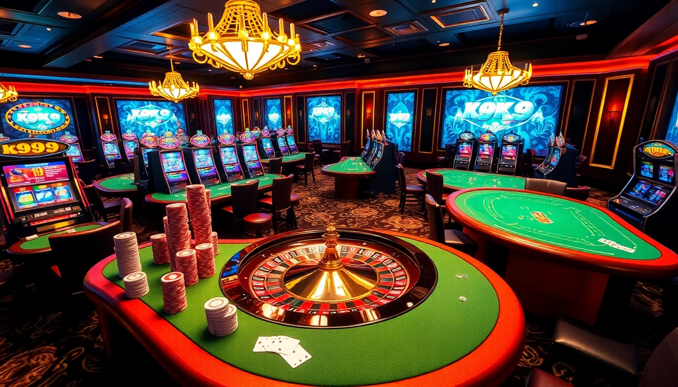Engaging k9k9 casino scene featuring poker tables, roulette wheel, and slot machines.
