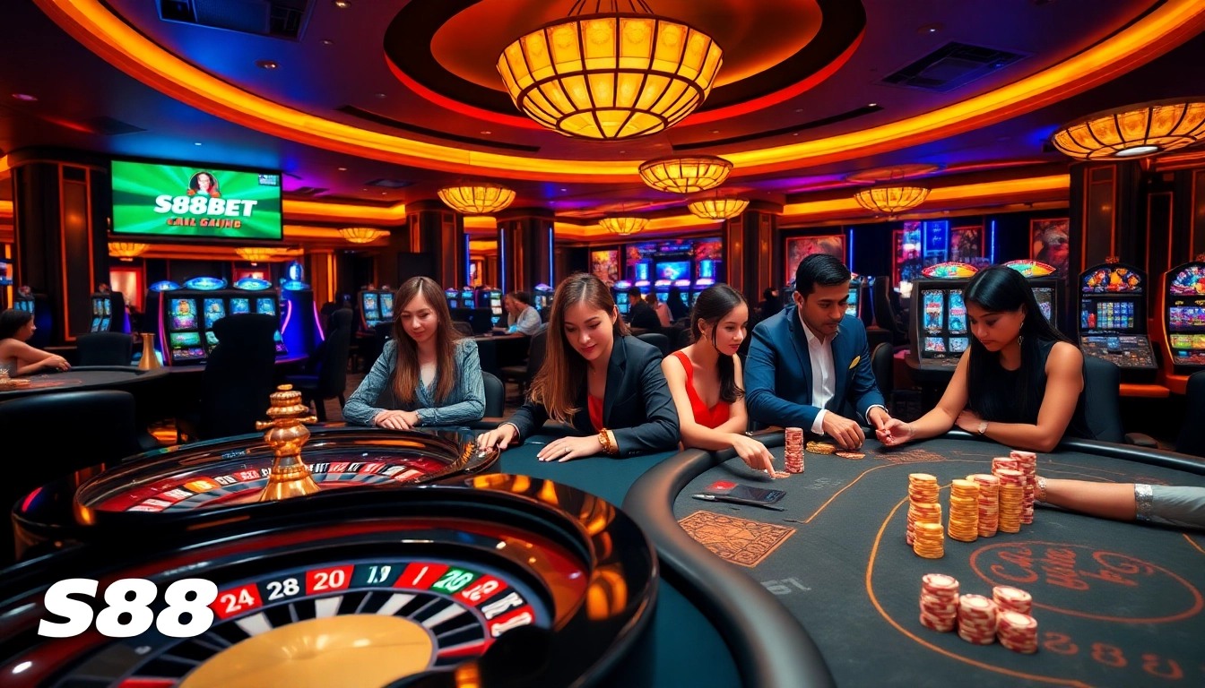 S88BET players enjoying an exciting game at a luxurious casino with roulette and poker tables.