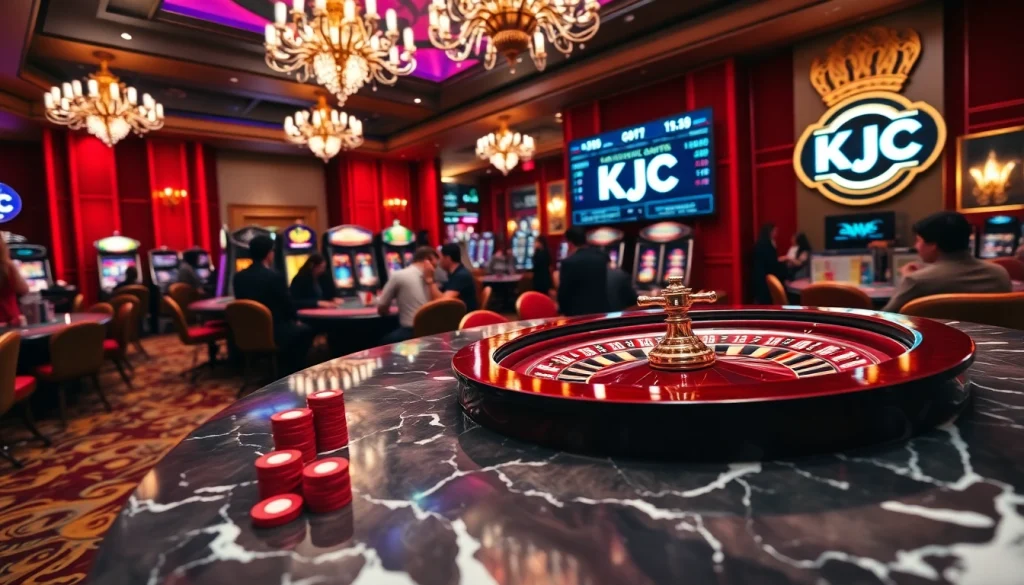 KJC members placing bets at a luxurious casino table with poker chips and roulette wheel.