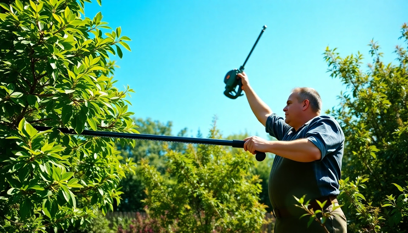 Using the best electric pole saw for effective tree trimming in a vibrant garden.