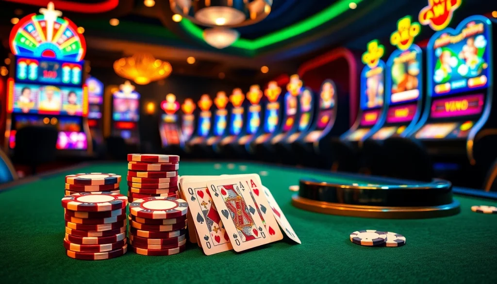 Immersive gambling scene with lively poker chips and roulette wheel showcasing Nhà Cái MMOO atmosphere.