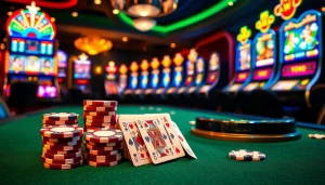 Immersive gambling scene with lively poker chips and roulette wheel showcasing Nhà Cái MMOO atmosphere.