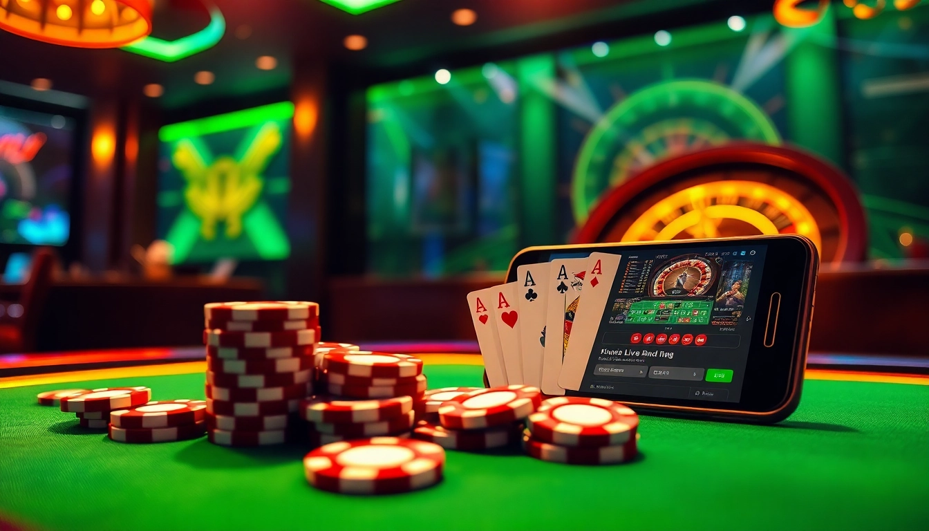Experience excitement at mm88.com with poker chips and cards in a luxurious casino scene.