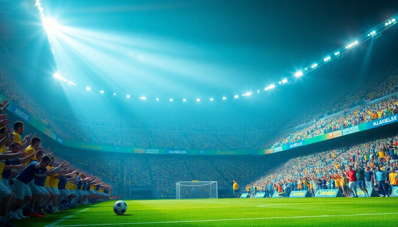مشهد مباراة كرة قدم حية يعرض كورة لايف مع جماهير حماسية ولاعبين في الحركة.