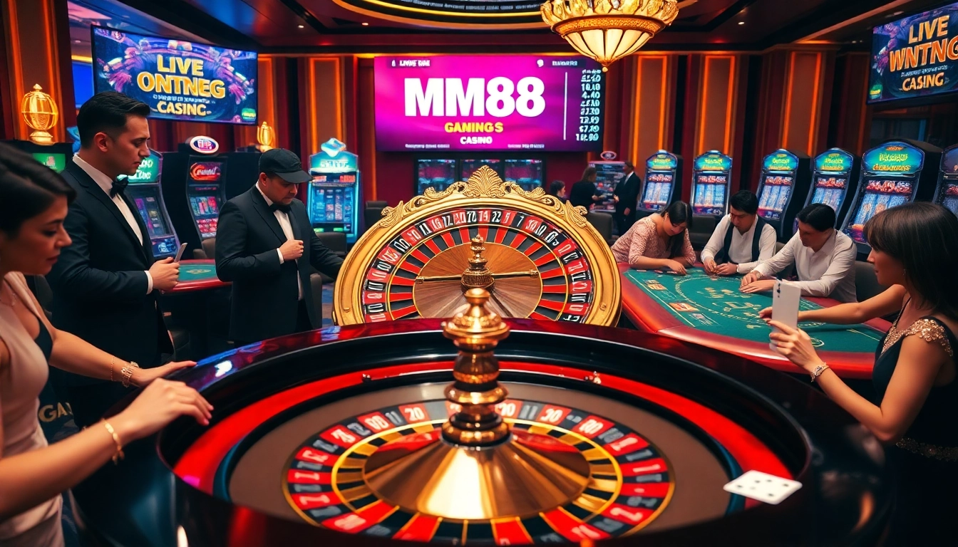 Players placing bets on roulette and poker at MM88 casino, highlighting excitement and luxury.