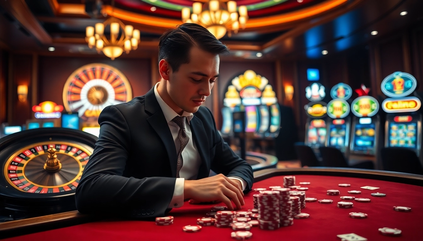 Experience high-stakes thrills at Trang Chủ OKFUN with poker tables and vibrant slot machines.