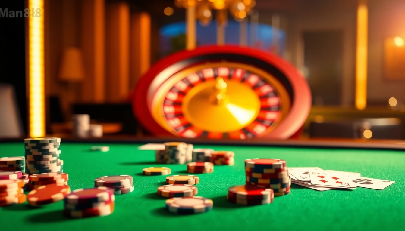 Experience the excitement of gambling with Man88’s casino scene featuring vibrant poker chips and elegant cards.