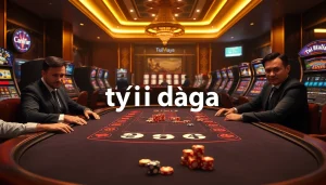 Tải daga app interface displayed amidst an upscale casino scene featuring poker chips and vibrant slot machines.