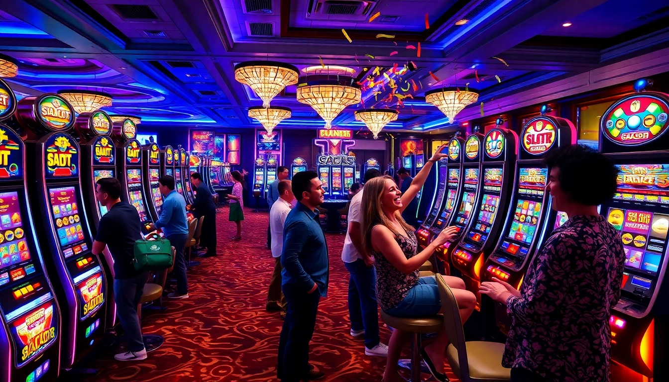 SLOT GACOR players celebrating a jackpot in a luxurious casino setting.