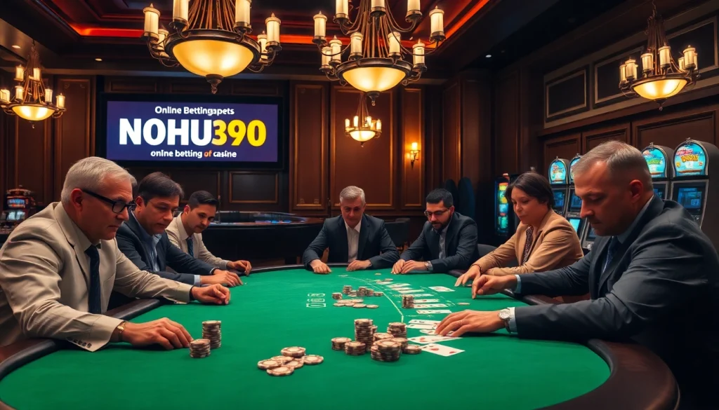 Players strategizing at a casino table featuring NOHU90 gaming, with poker chips and cards.