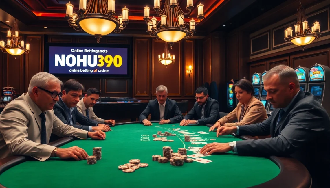 Players strategizing at a casino table featuring NOHU90 gaming, with poker chips and cards.