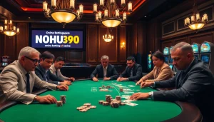 Players strategizing at a casino table featuring NOHU90 gaming, with poker chips and cards.