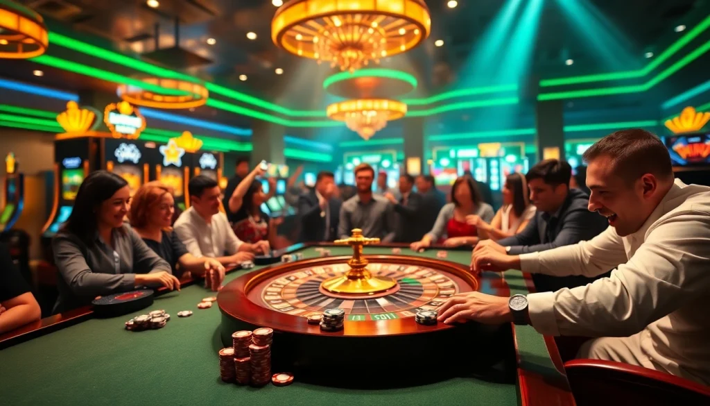 Players enjoying thrilling games at the S8 casino table, surrounded by vibrant slot machines.