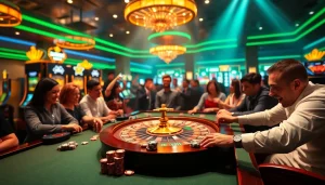 Players enjoying thrilling games at the S8 casino table, surrounded by vibrant slot machines.