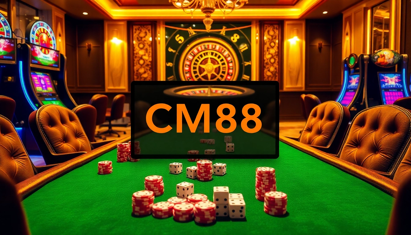 Experience excitement at a casino with CM88-themed chips and vibrant slot machines.