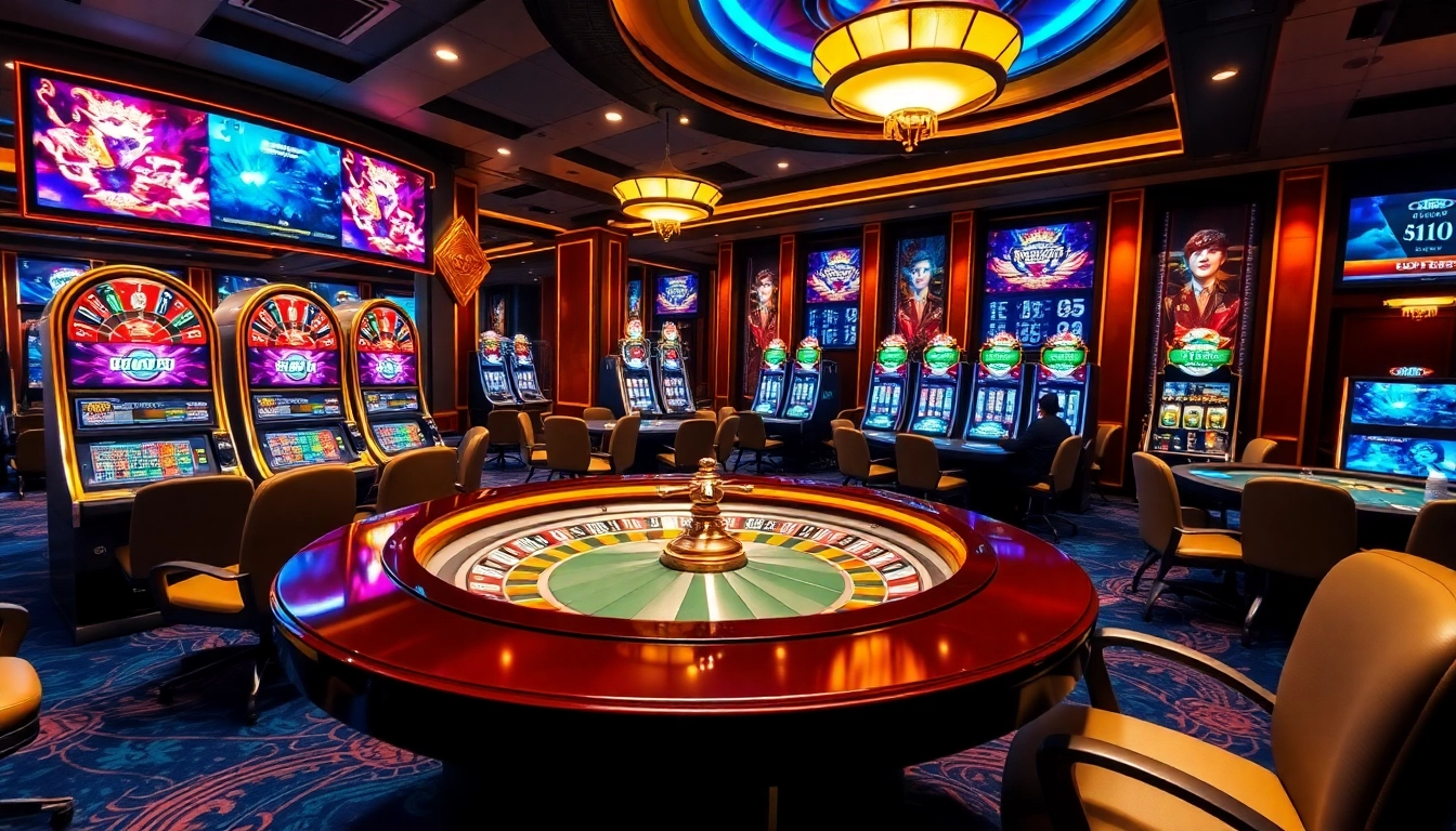 SLOT99 showcases thrilling casino experiences with players at roulette and poker tables, framed in a luxurious setting.