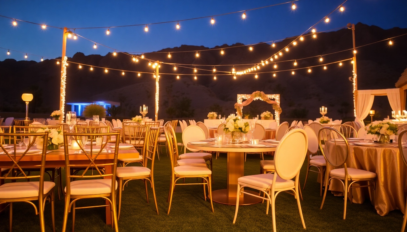 Elegant display of Las Vegas Chair Rentals at a wedding reception in a stylish outdoor setting.
