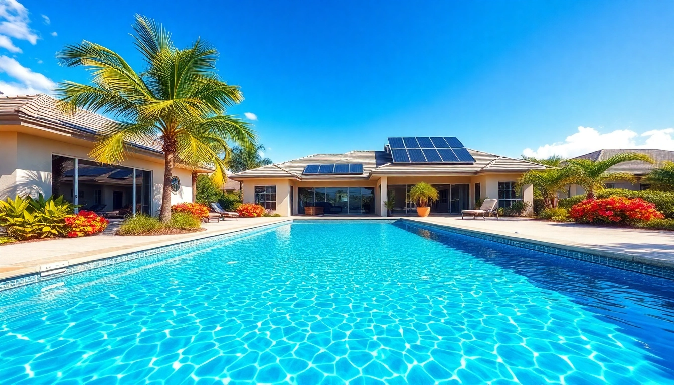 Solar Pool Heating In Sarasota, FL: A modern solar pool heating system enhances a beautiful pool in a sunny backyard.
