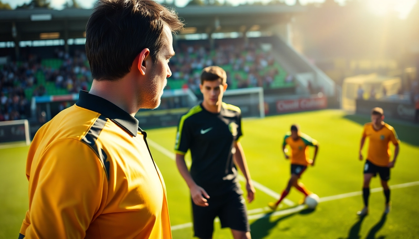 ดูผลบอลล่าสุด ขณะกรรมการที่เข้มข้นในการแข่งขันฟุตบอลกลางแจ้ง