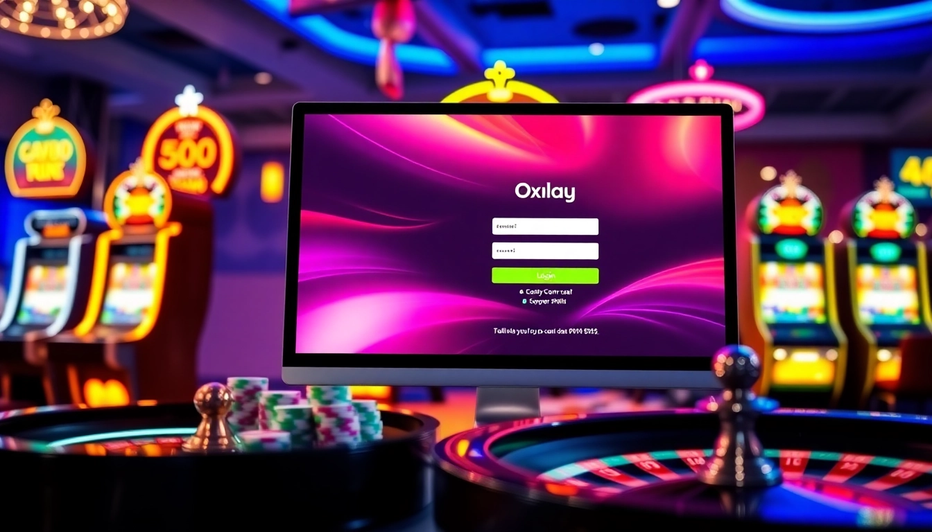 Experience the thrill of Oxplay login with dynamic casino visuals featuring exciting slot machines and chips.