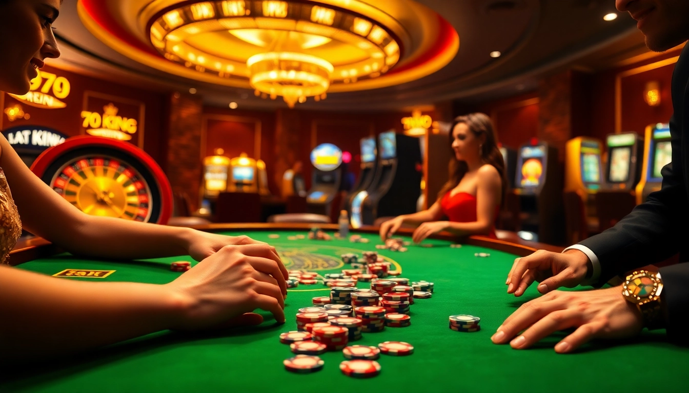 A thrilling poker game at the 79 king casino table, showcasing vibrant chips and a spinning roulette wheel.
