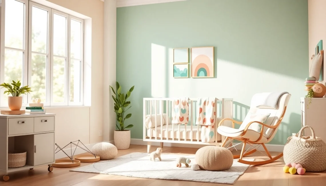 Modern nursery featuring MMOO baby products in soothing pastels.