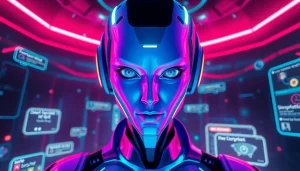 Engaging NSFW character AI in a vibrant digital environment with holographic elements.