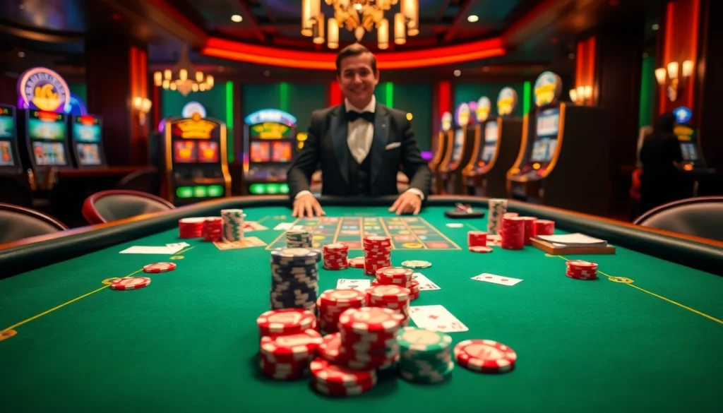 Experience the thrill of Onicplay at a luxurious casino table with vibrant poker chips and cards.
