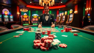 Experience the thrill of Onicplay at a luxurious casino table with vibrant poker chips and cards.