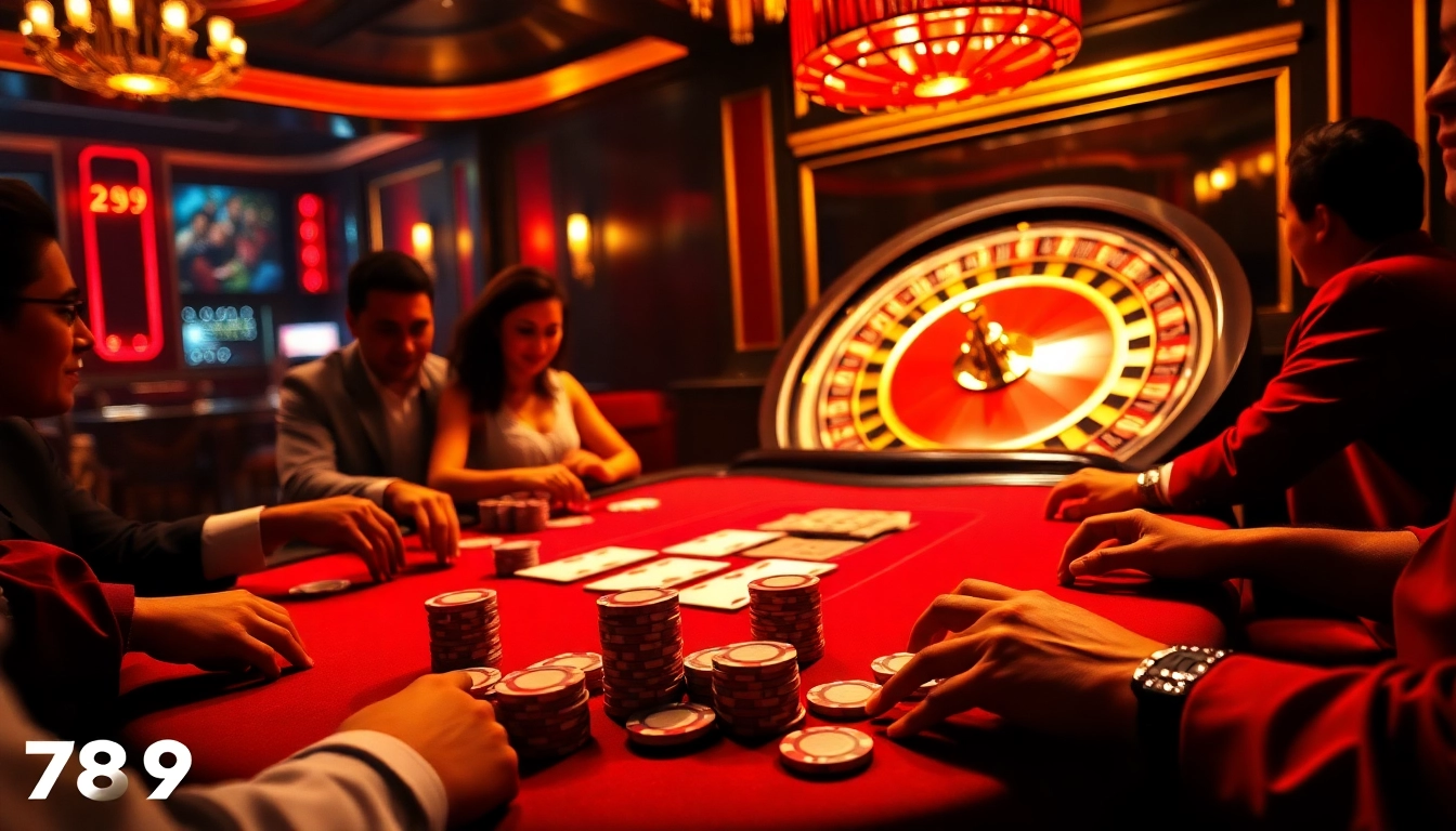 Players enjoy poker at a glamorous table in a vibrant casino setting, highlighting 789wwin excitement.