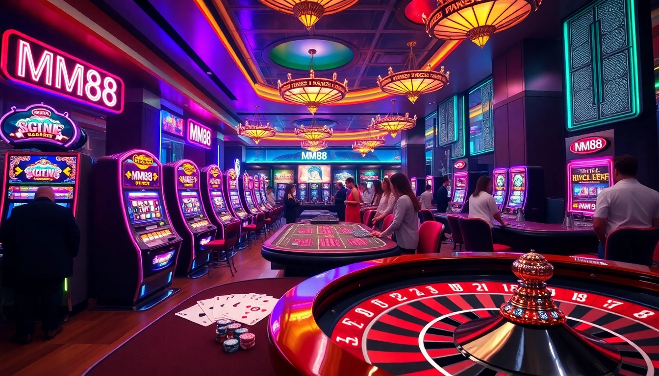MM88 branding showcased in a vibrant casino setting with slot machines and tables.