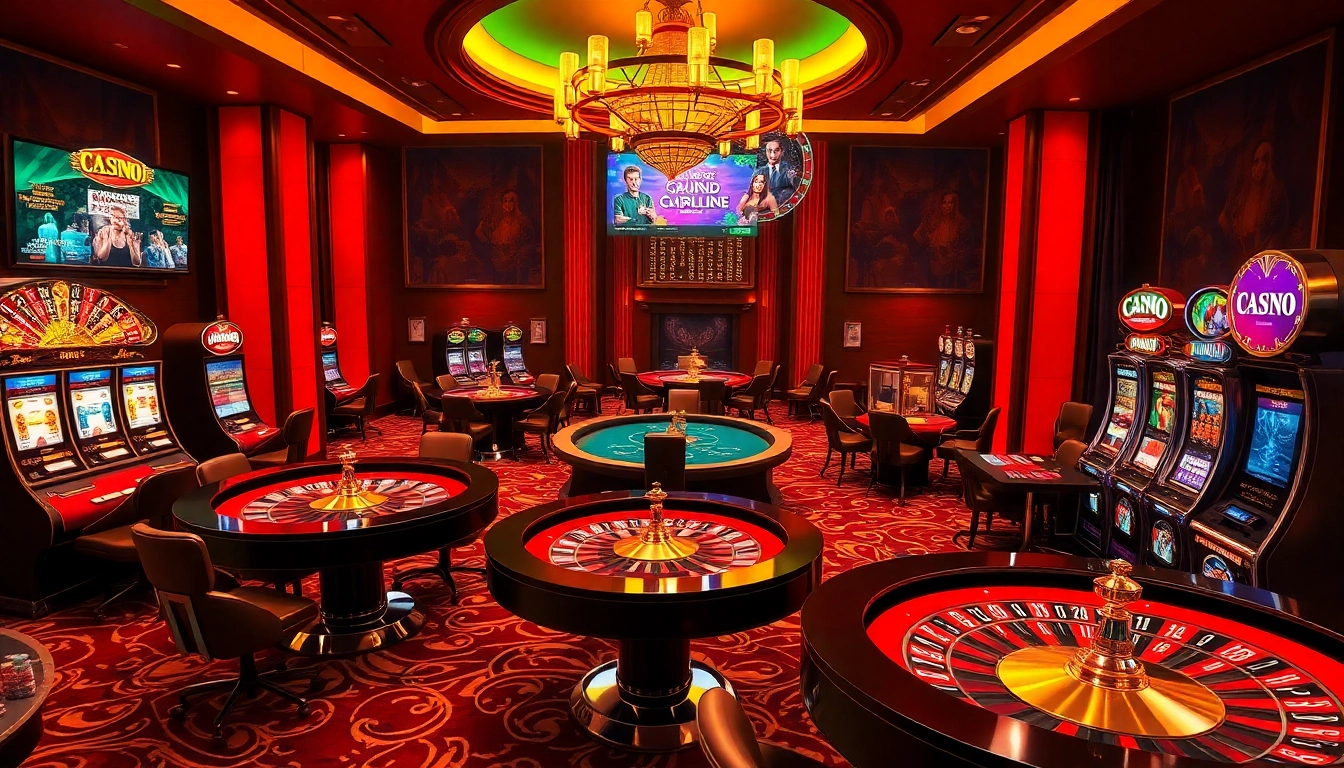 Engaged gamblers at Nhà cái Hm88 enjoying a thrilling casino experience with slot machines and poker tables.