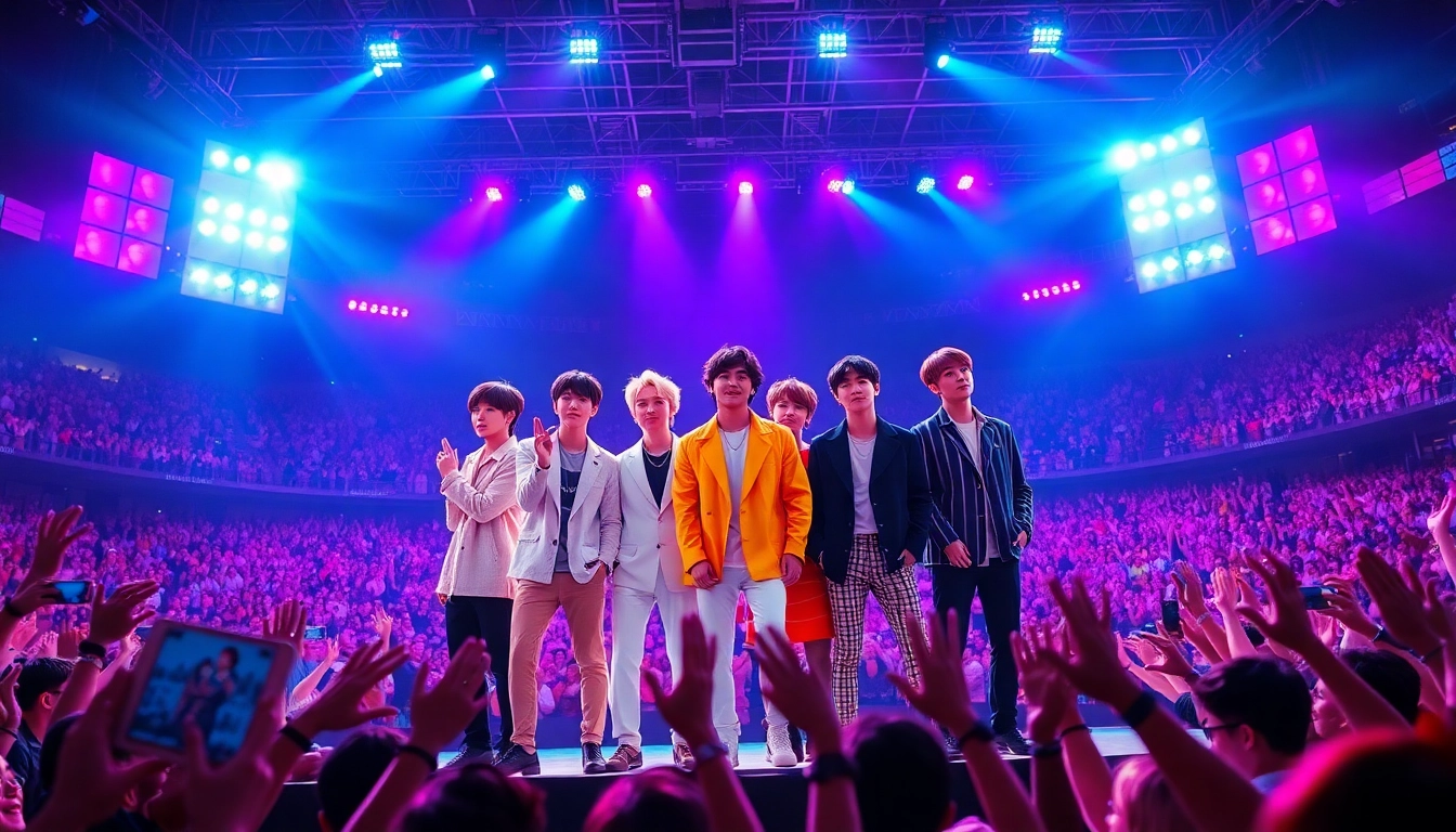 BTS news featuring members performing energetically on stage with vibrant lights and cheering fans.