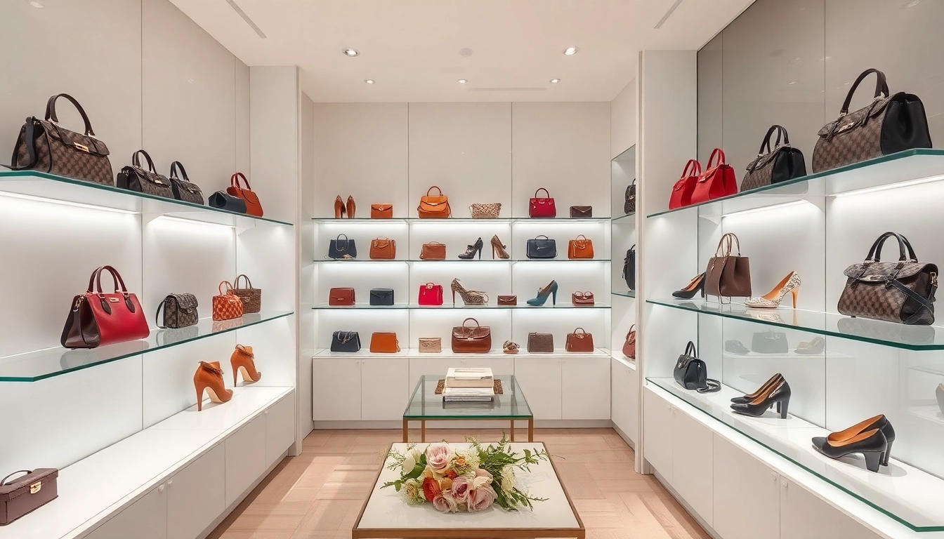 레플리카 명품 핸드백과 신발을 세련된 부티크에서 전시하는 모습