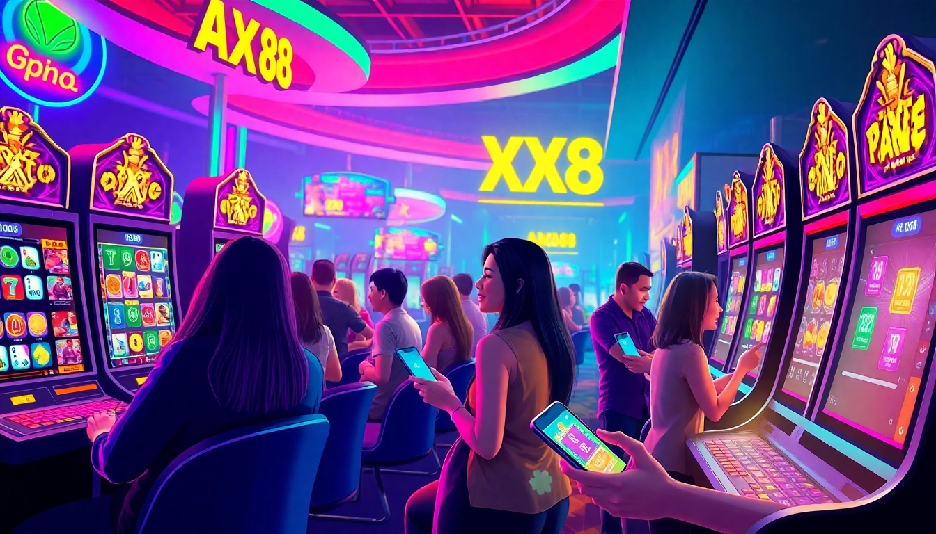 Cảnh chơi game trực tuyến đầy phấn khích với trò chơi AX88, với nhiều người chơi đa dạng tại một casino kỹ thuật số sôi động.