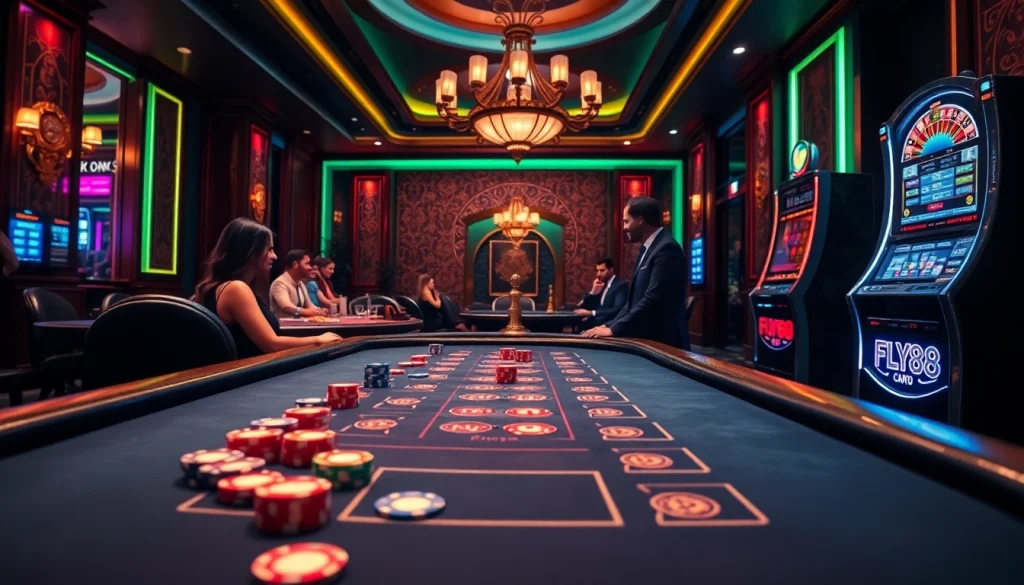 Experience the excitement at FLY88 casino with a vivid poker table scene featuring colorful chips and players.