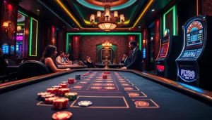 Experience the excitement at FLY88 casino with a vivid poker table scene featuring colorful chips and players.