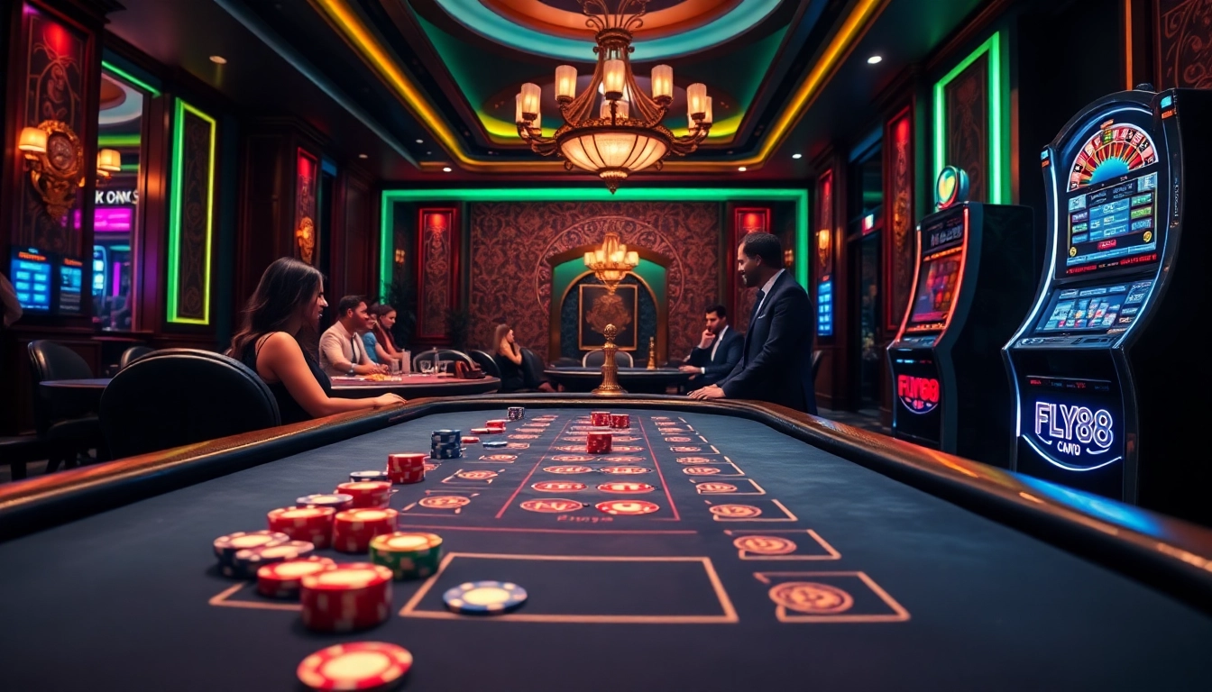 Experience the excitement at FLY88 casino with a vivid poker table scene featuring colorful chips and players.