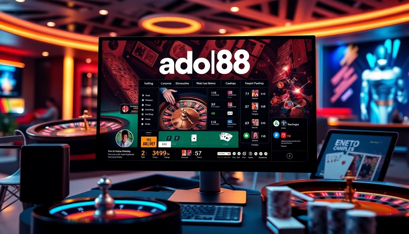 Engaging visual of the adobet88 online gambling interface showcasing poker, roulette, and betting options in a vibrant digital casino atmosphere.
