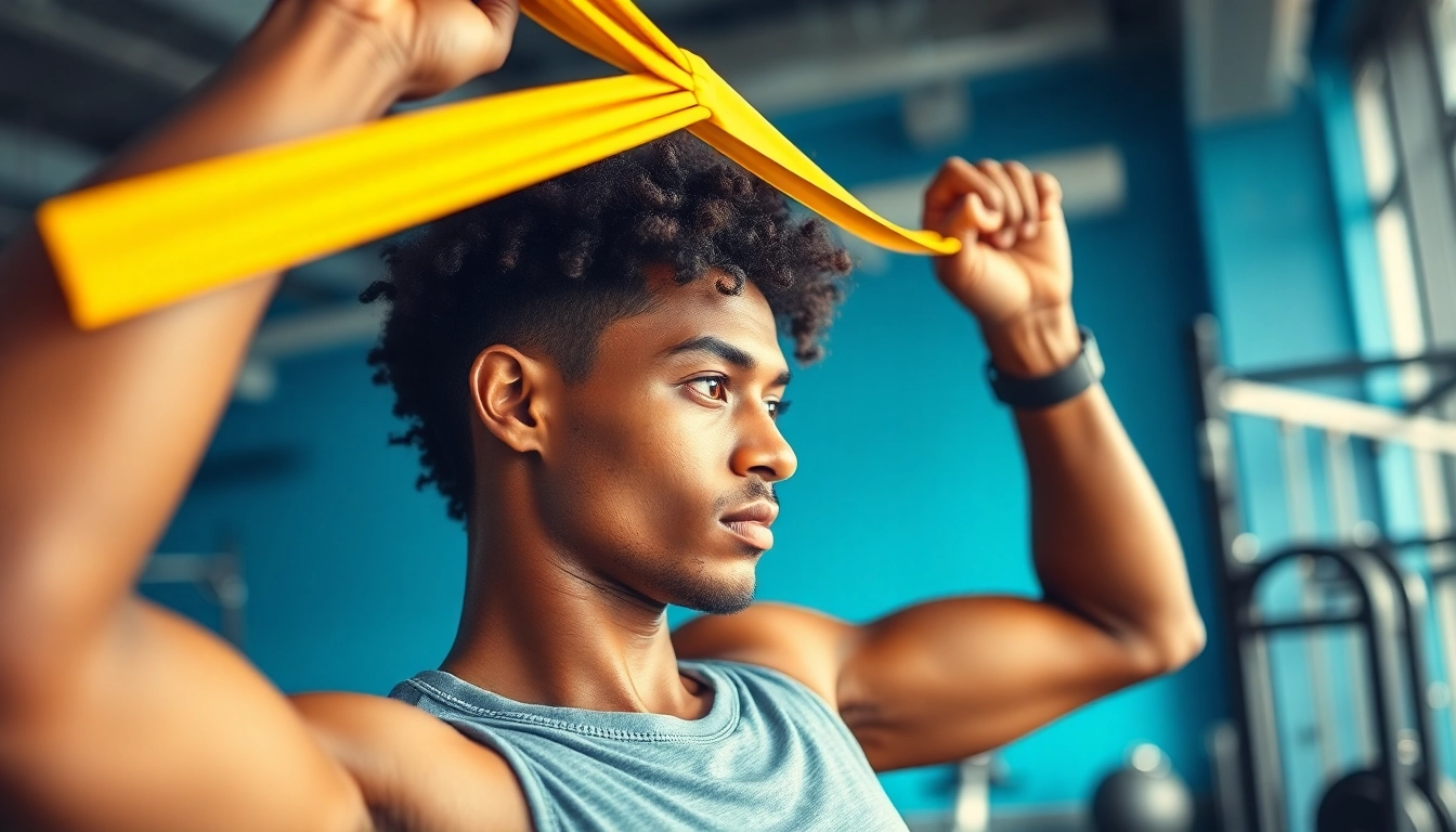 Fitness enthusiast utilizing assisted pull-up bands for strength training in a modern gym.