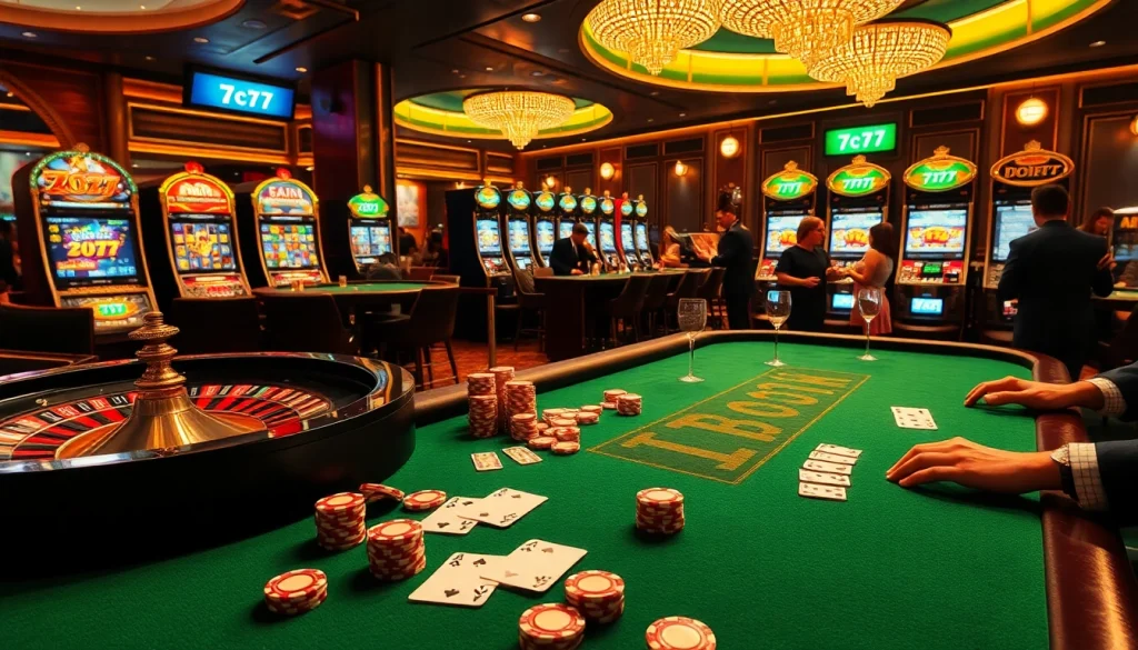 Players enjoying gaming excitement at 7c77 casino with vibrant tables and slot machines.