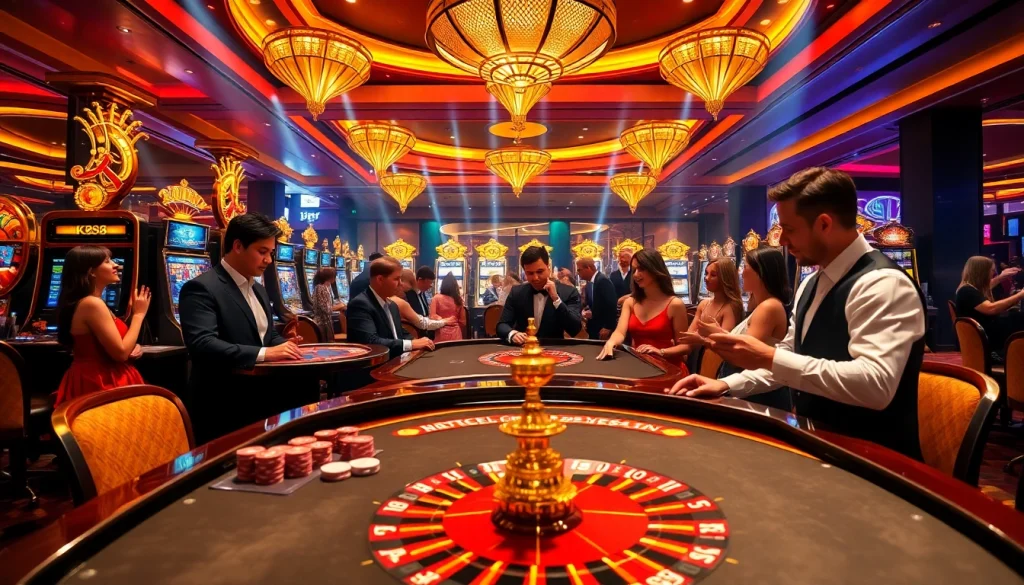 Players enjoying the thrilling atmosphere of kp88 casino at vibrant gaming tables and slot machines.