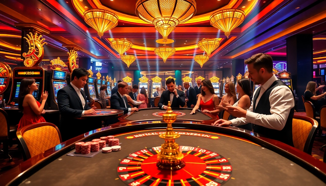 Players enjoying the thrilling atmosphere of kp88 casino at vibrant gaming tables and slot machines.