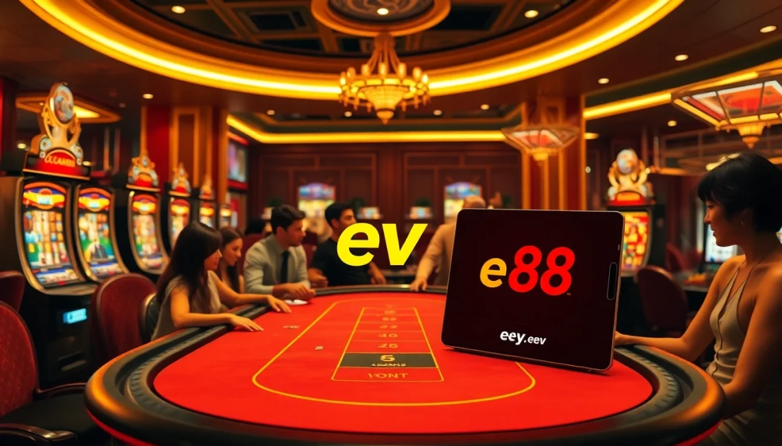 Experience the thrill of ev 88 gaming with vibrant slot machines and a luxurious poker table.