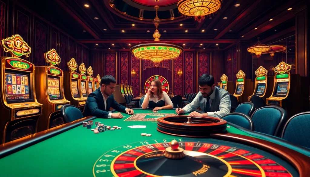 Exciting gambling scene at Trang chủ 32win showcasing poker action and vibrant casino decor.