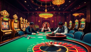 Exciting gambling scene at Trang chủ 32win showcasing poker action and vibrant casino decor.
