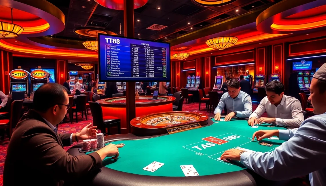 Engage in thrilling poker action with TT88 in a luxurious casino setting, featuring strategic card play and vibrant chips.