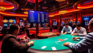Engage in thrilling poker action with TT88 in a luxurious casino setting, featuring strategic card play and vibrant chips.