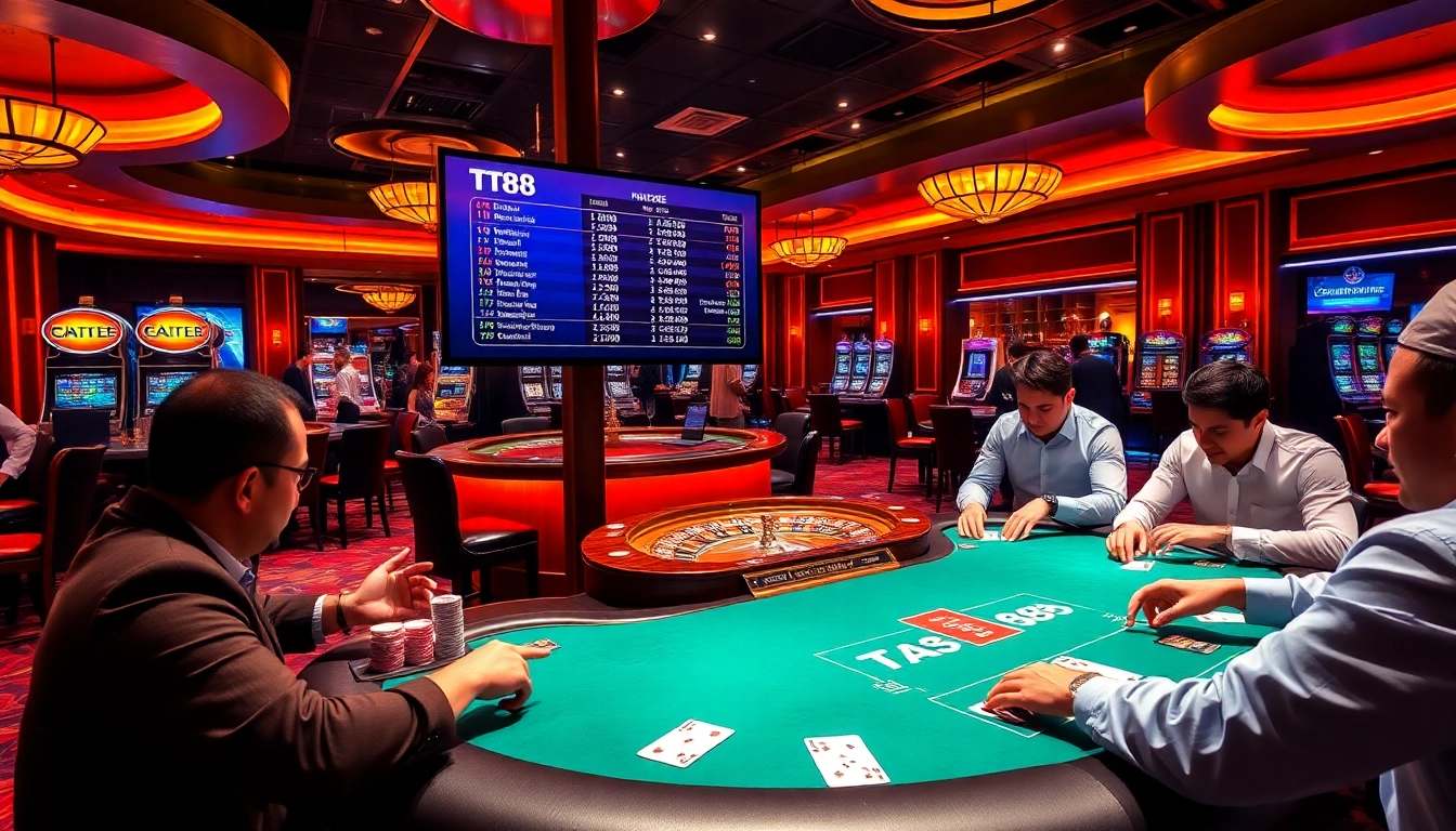 Engage in thrilling poker action with TT88 in a luxurious casino setting, featuring strategic card play and vibrant chips.